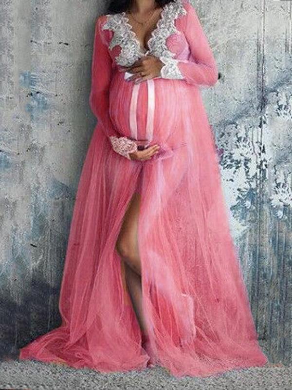 Lace Grenadine Slit For Babyshower Maternity Maxi Dress