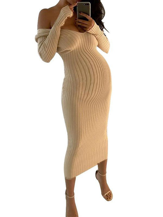 Off Shoulder Fitted V-neck Long Sleeve Maternity Sweater Maxi Dress