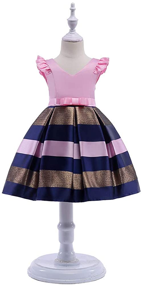 Kids Princess Dresses Strip with Puff Sleeve Ruffles Elegant Girls Gown for Birthday Party Toddle 2-10Years