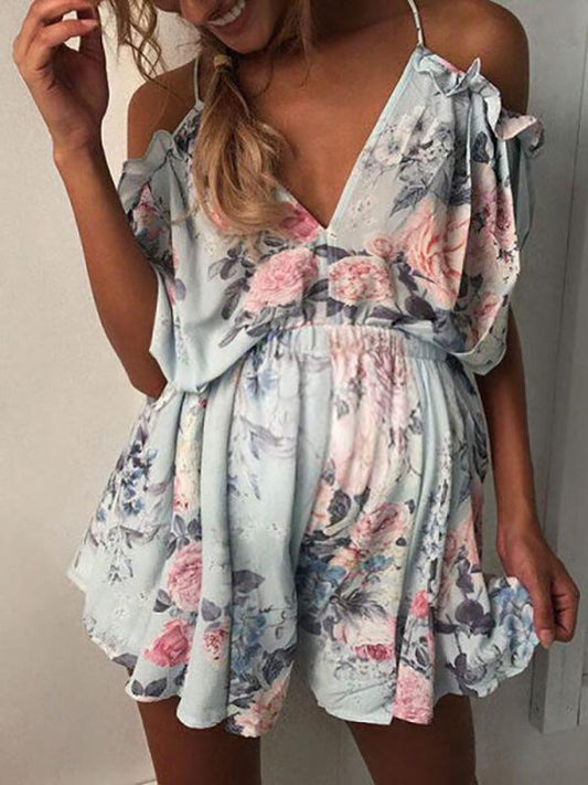 Seindeal Flowers Tie Back Halter One Piece Short Maternity Jumpsuit