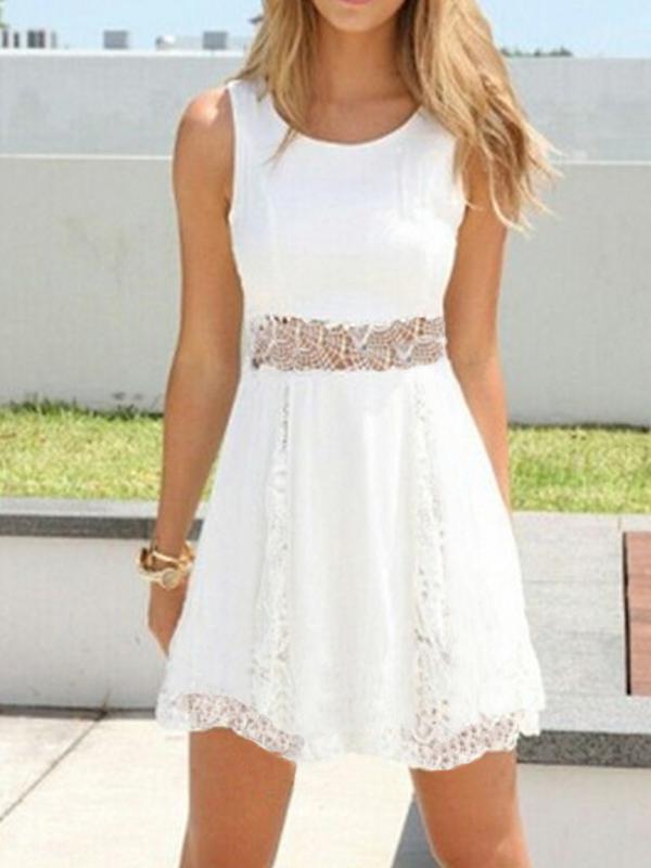 White Cut Out Lace Round Neck Sleeveless Women Mini Dresses Lace Dress Evening Dress