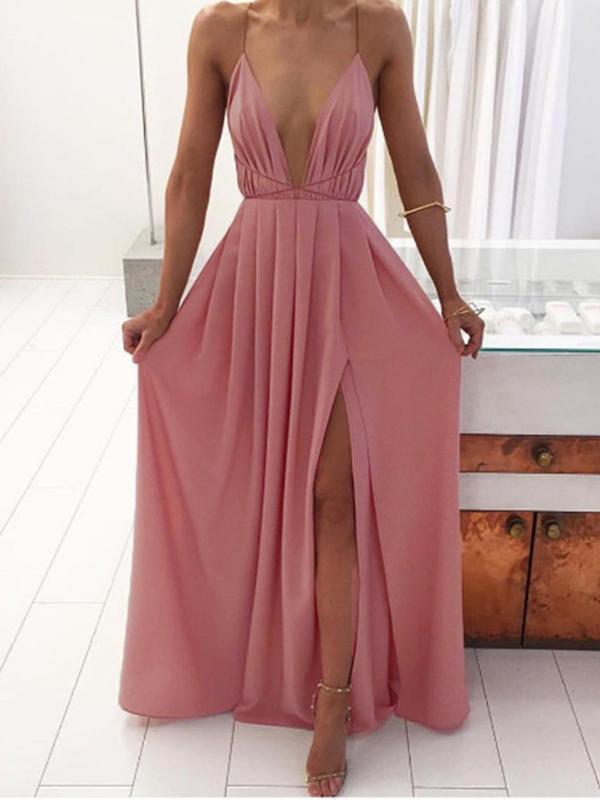 Side Slit Backless Deep V-Neck Spaghetti Straps Women Maxi Dresses Party Dress Ball Gown