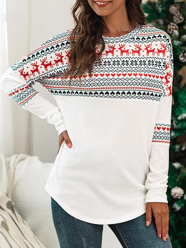 Geometric Elk Print Round Neck Long Sleeve Christmas Maternity T-Shirt