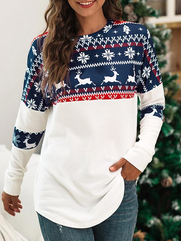 Geometric Elk Print Round Neck Long Sleeve Christmas Maternity T-Shirt