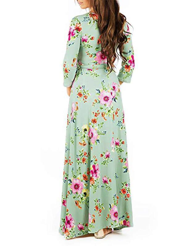 Momnfangcy Floral Belt V-neck Three Quarter Length Sleeve Casual Maternity Maxi Dress