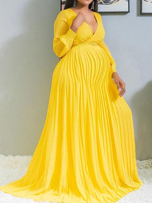 Seindeal Solid Pleated V- Neck Plus Size Long Sleeve Maternity Casual Maxi Dress