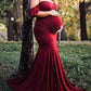 Seindeal Burgundy Ruffle Off Shoulder Mermaid Maternity Photoshoot Dress