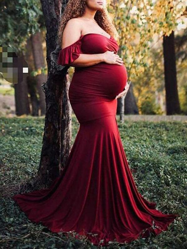 Seindeal Burgundy Ruffle Off Shoulder Mermaid Maternity Photoshoot Dress