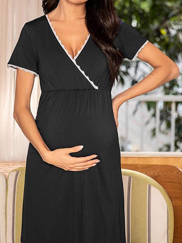 Seindeal Lace Draped V-neck Short Sleeve Mini Maternity Nursing Pajama Dress