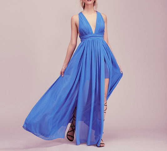 Seindeal Ruffle DoubleDeck Maternity Maxi Dress Blue