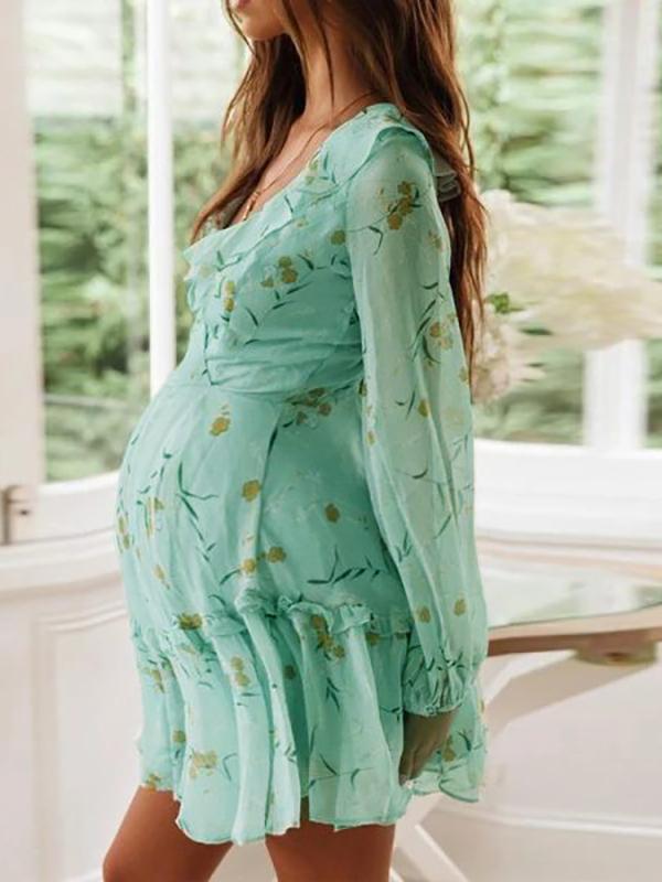 Flowers Tie Back Ruffle V-neck Long Sleeve Honey Girl Maternity Mini Dress