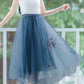 Floral Mesh Pleated High Waist Women Skirts Tulle Skirt Midi Skirt