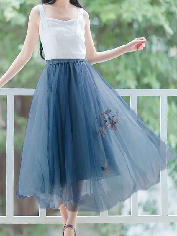 Floral Mesh Pleated High Waist Women Skirts Tulle Skirt Midi Skirt