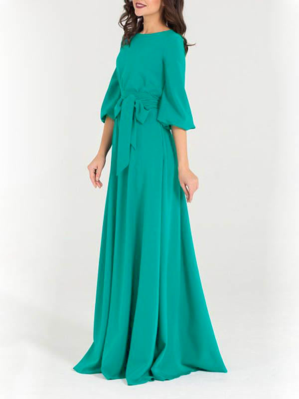 Green Solid Color Pleated Belt Round Neck 3/4 Sleeves Women Maxi Dresses Elegant Dress Party Dress