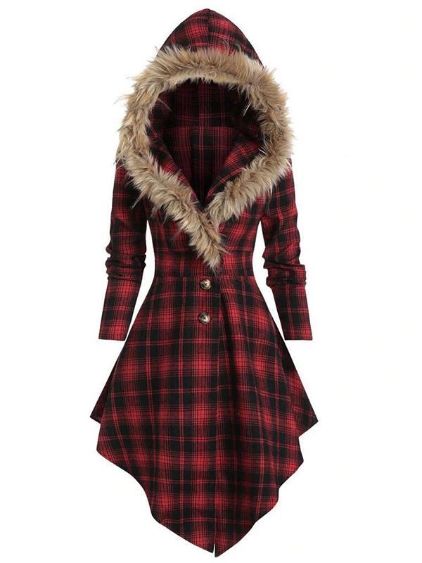 Plaid Fur Hoodie Buttons Long Sleeve Maternity Coat