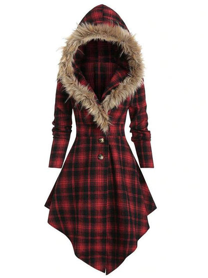 Plaid Fur Hoodie Buttons Long Sleeve Maternity Coat