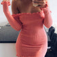 Solid Off Shoulder Wavy Edge Long Sleeve Maternity Sweater Mini Dress