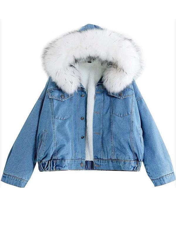 Seindeal Solid Pockets Fur Collar Long Sleeve Jacket Maternity Denim Coat