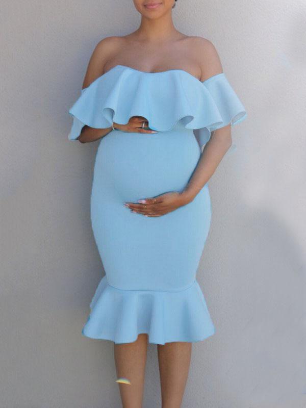 Elegant Off The Shoulder Baby Shower Dress Bodycon Mermaid Midi with Ruffle Short Sleeves Maternity Dress Summer for Women