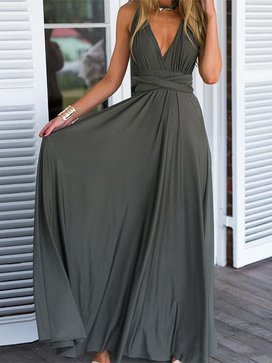 Gray Solid Color Pleated Deep V Neck Sleeveless Maxi Dresses Women Elegant Dress