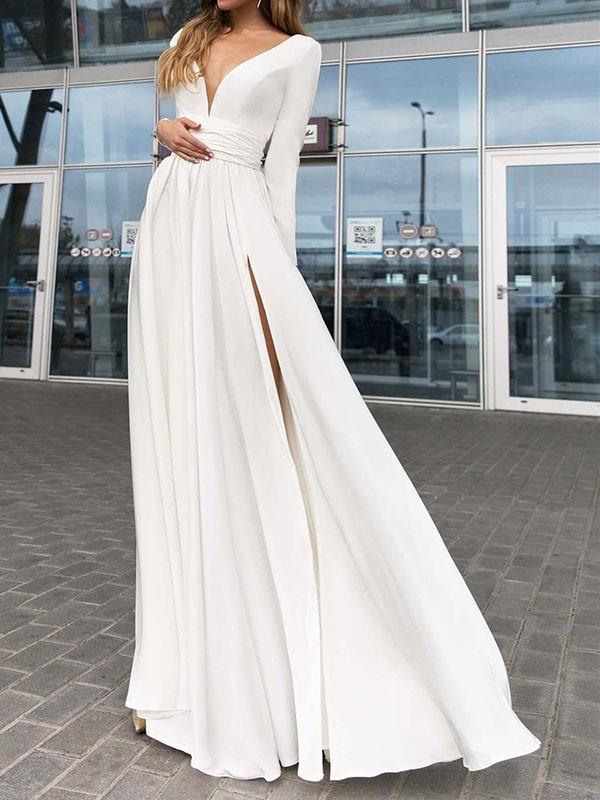 Seindeal White Draped Slit Backless Deep V-Neck Long Sleeve Party Women Elegant Maxi Dress Evening Dress