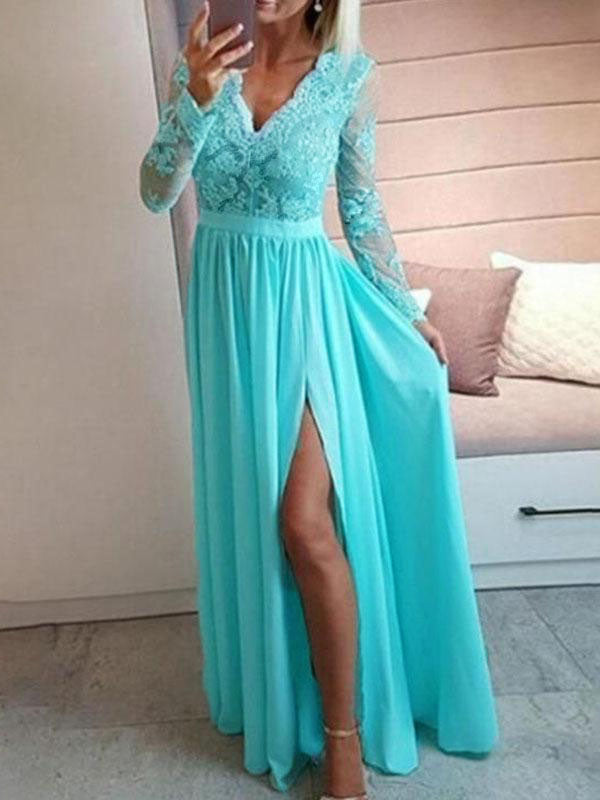 Lace Slit V Neck Long Sleeve Women Maxi Dresses Elegant Dress Lace Dress Evening Dress