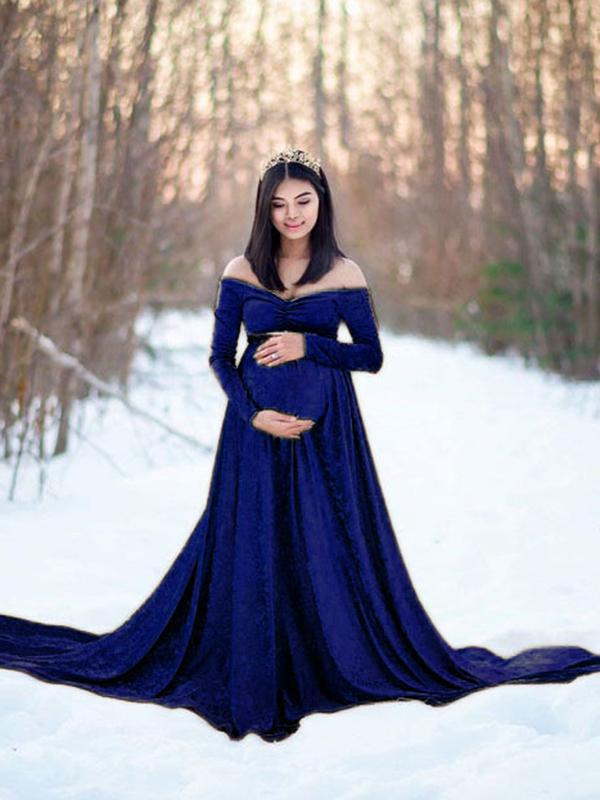 Off Shoulder Velvet  Long Sleeve Baby Shower Maternity Maxi Dress