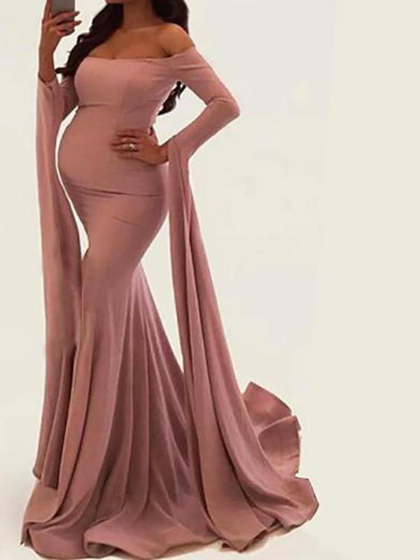 Solid Color Off Shoulder Bodycon Wavy Edge Babyshower Maternity Maxi Dress