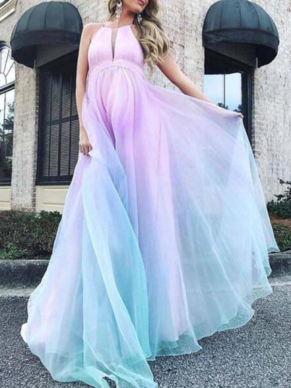 Pink-Blue Gender Reveal Grenadine Backless Maternity Maxi Dress