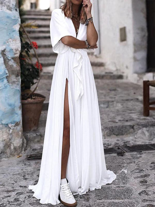 Solid Color Patchwork Ruffle Side Slit Deep V-Neck Short Sleeve Maxi Dresses Women Elegant Dress