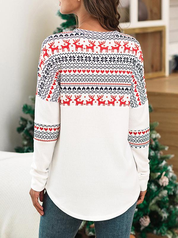 Geometric Elk Print Round Neck Long Sleeve Christmas Maternity T-Shirt