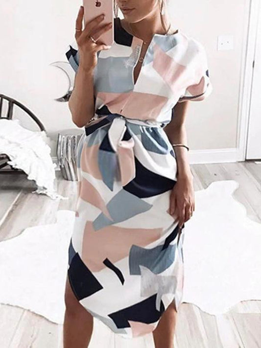 Color Block Belt Bodycon V-neck Short Sleeve Fashion Maternity Midi Dress