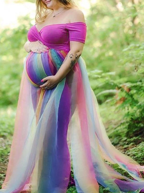 Off Shoulder Rainbow Mesh Baby Shower Maternity Photoshoot Maxi Dress