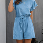 Round Neck Short Sleeve Striped Maternity short Jumpsuit