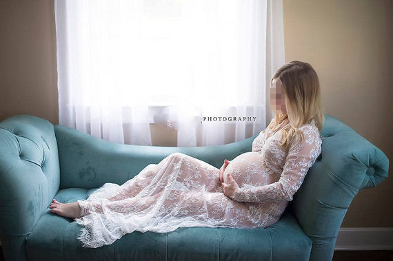 Seindeal Lace Long Sleeve Sheer Cover Up Plus Size Maxi Maternity Photoshoot Dress WhiteHalloween