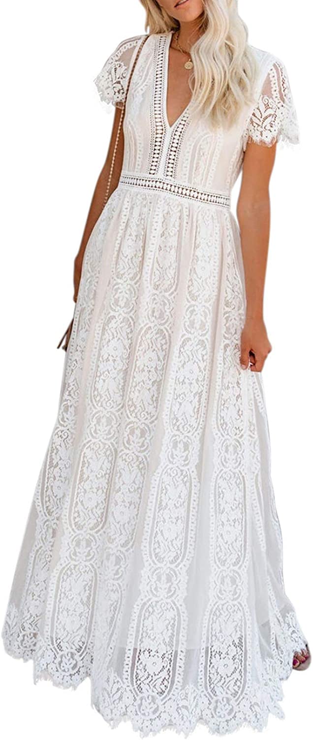 Seindeal Women's V Neck Floral Lace Wedding Dress Short Sleeve Bridesmaid Evening Party Maxi Dress