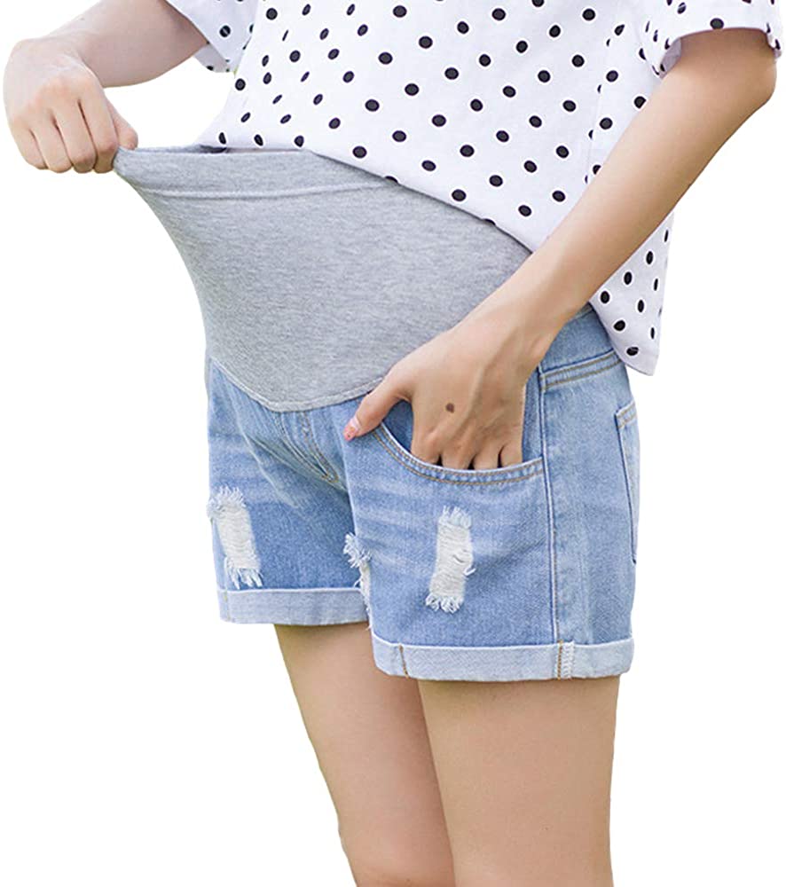 Women Plus Size Maternity Shorts Jean Over The Belly Stretch High Rise Comfy Blue Distressed Pregnancy Shorties Summer