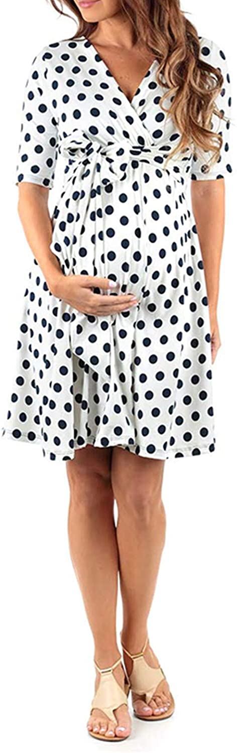 Women's Floral Maternity Wrap Dress Short Length V Neck with Waist Belt