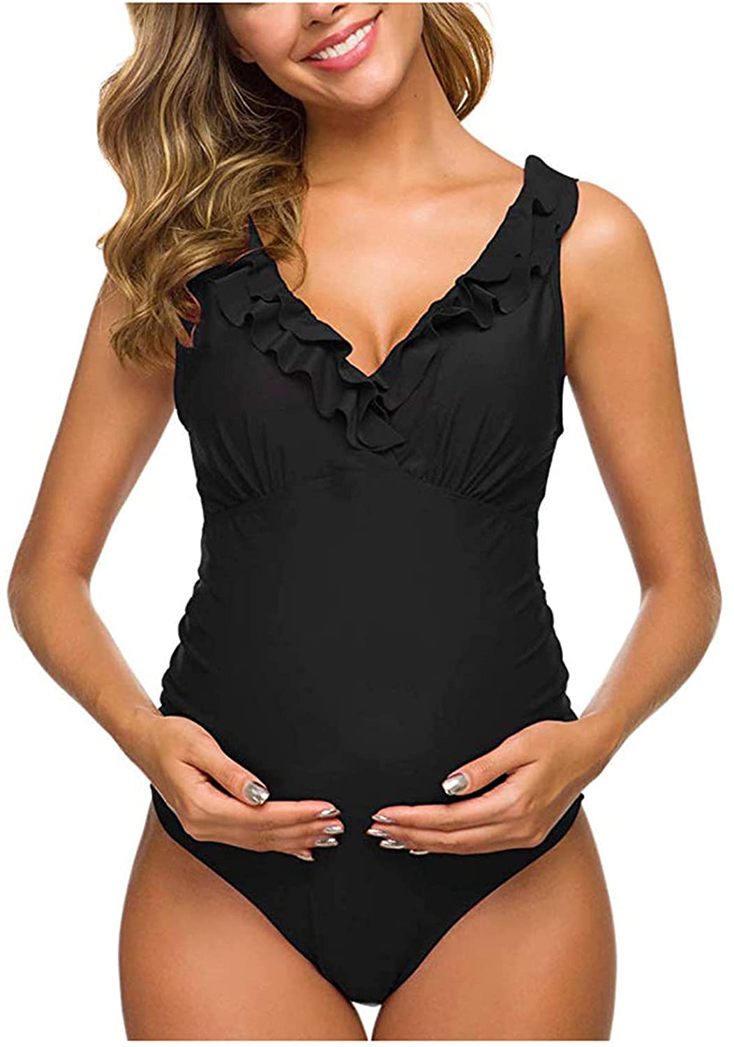 One Piece Maternity Swimsuits Ruffle Flounce Swimwear Falbala Monokini Deep V Neck Bathing Suits