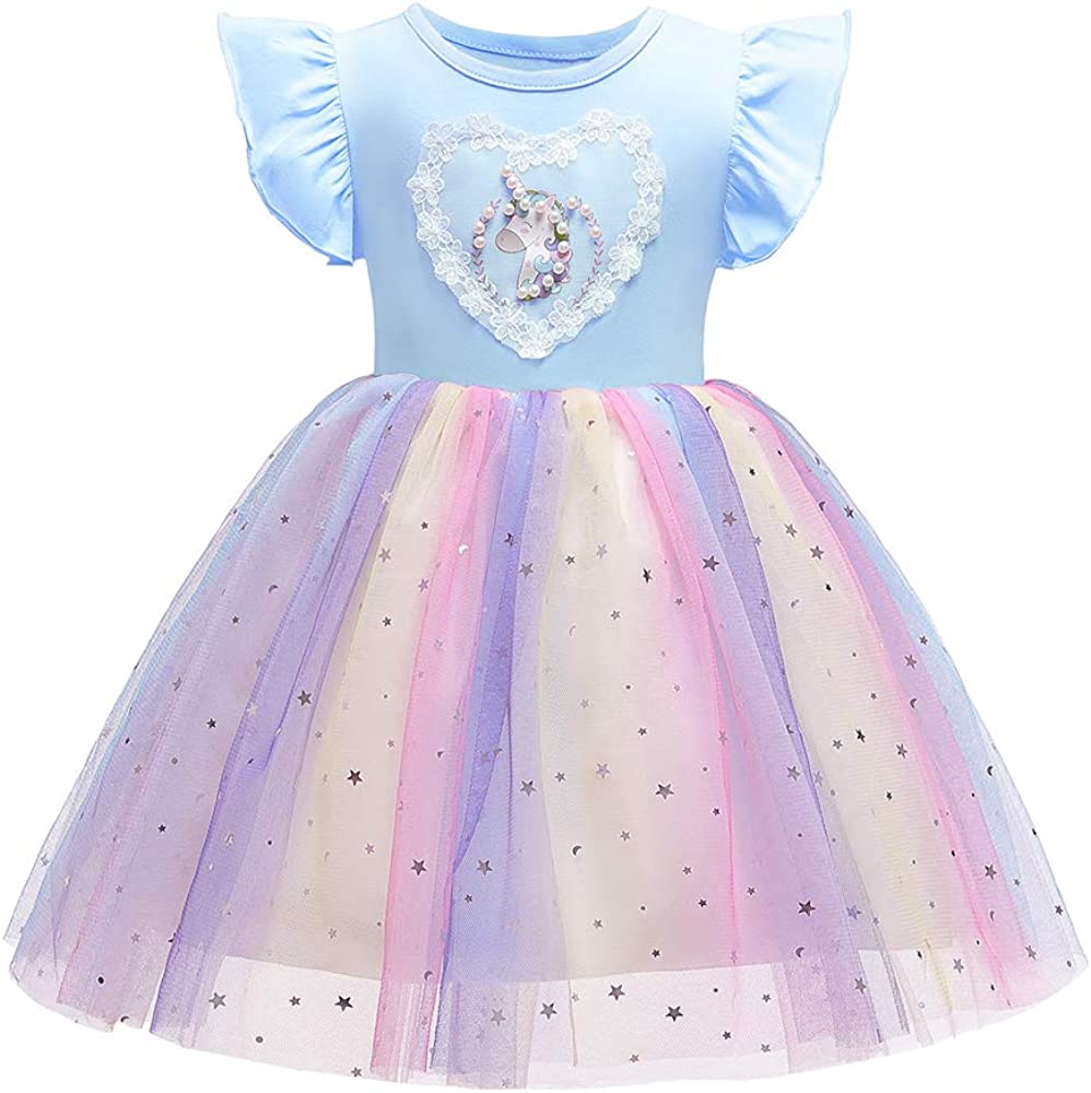 Seindeal Girls Unicorn Dress Summer Rainbow Tulle Grils' Dresses Kids Princess Dress for Cosplay Wedding Birthday Party Casual Outfits Clothing 2-10 Years