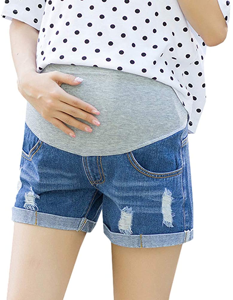 Women Plus Size Maternity Shorts Jean Over The Belly Stretch High Rise Comfy Blue Distressed Pregnancy Shorties Summer