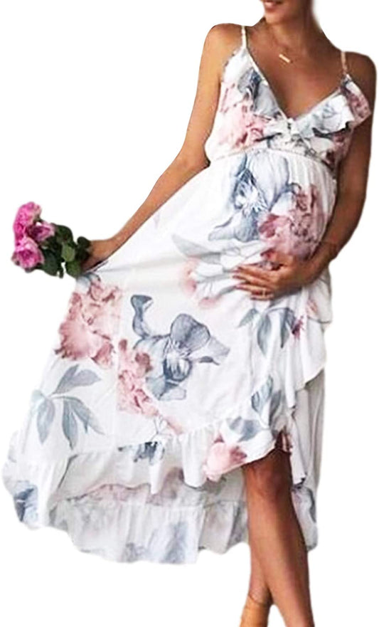 Seindeal Women's Floral Print V Neck Maternity Ruffle Cami Dress Pregnancy Dress Casual for Baby Shower or Photoshoot