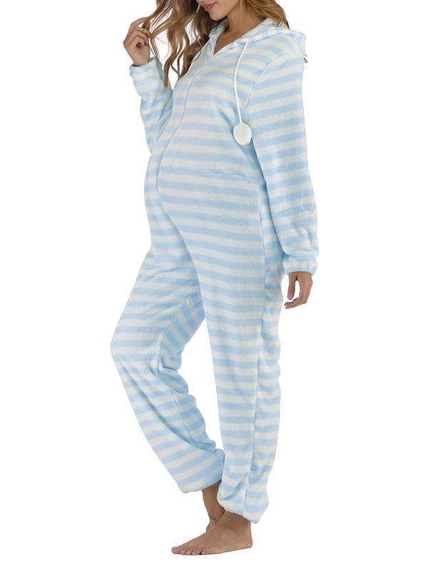 Striped Zipper Hoodie Fur Ball Long Sleeve Pajamas Maternity Jumpsuit