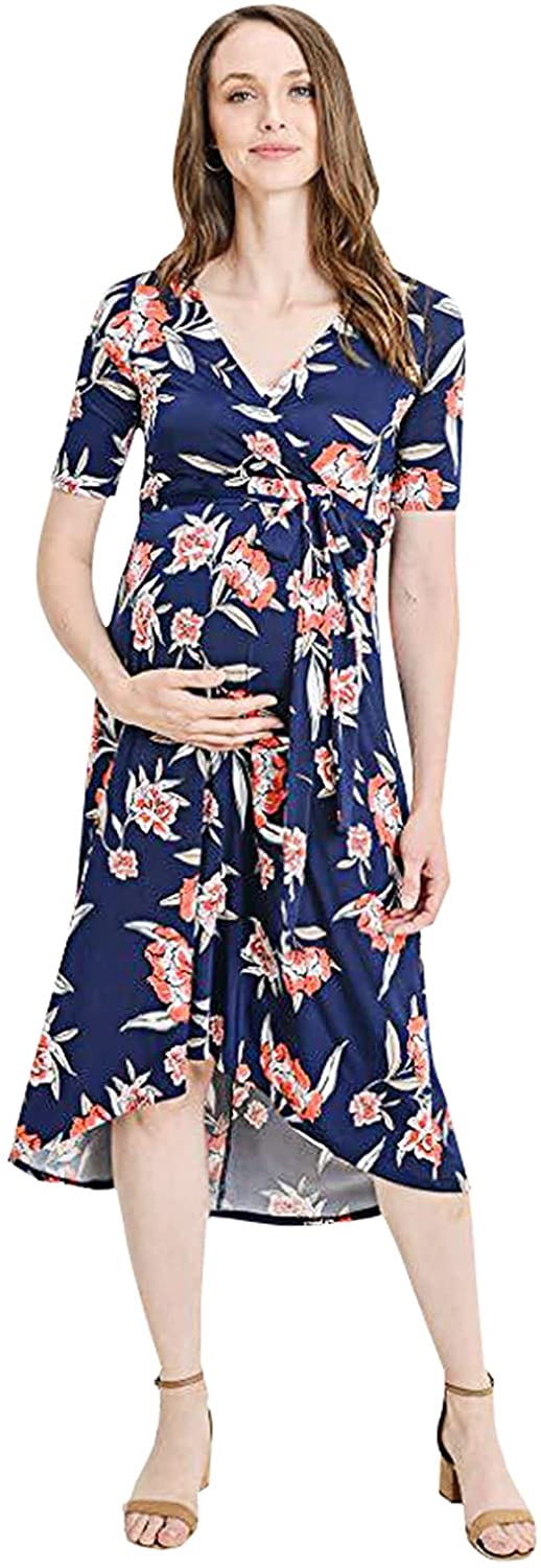 Women's Summer Floral Maxi Dress Waist Tie V Neck Irregular Hem Short Sleeve Photography Casual Maternity Dresses