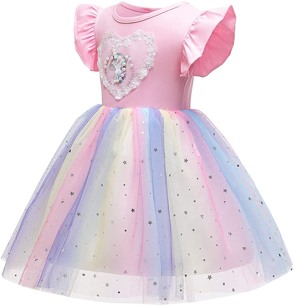 Seindeal Girls Unicorn Dress Summer Rainbow Tulle Grils' Dresses Kids Princess Dress for Cosplay Wedding Birthday Party Casual Outfits Clothing 2-10 Years