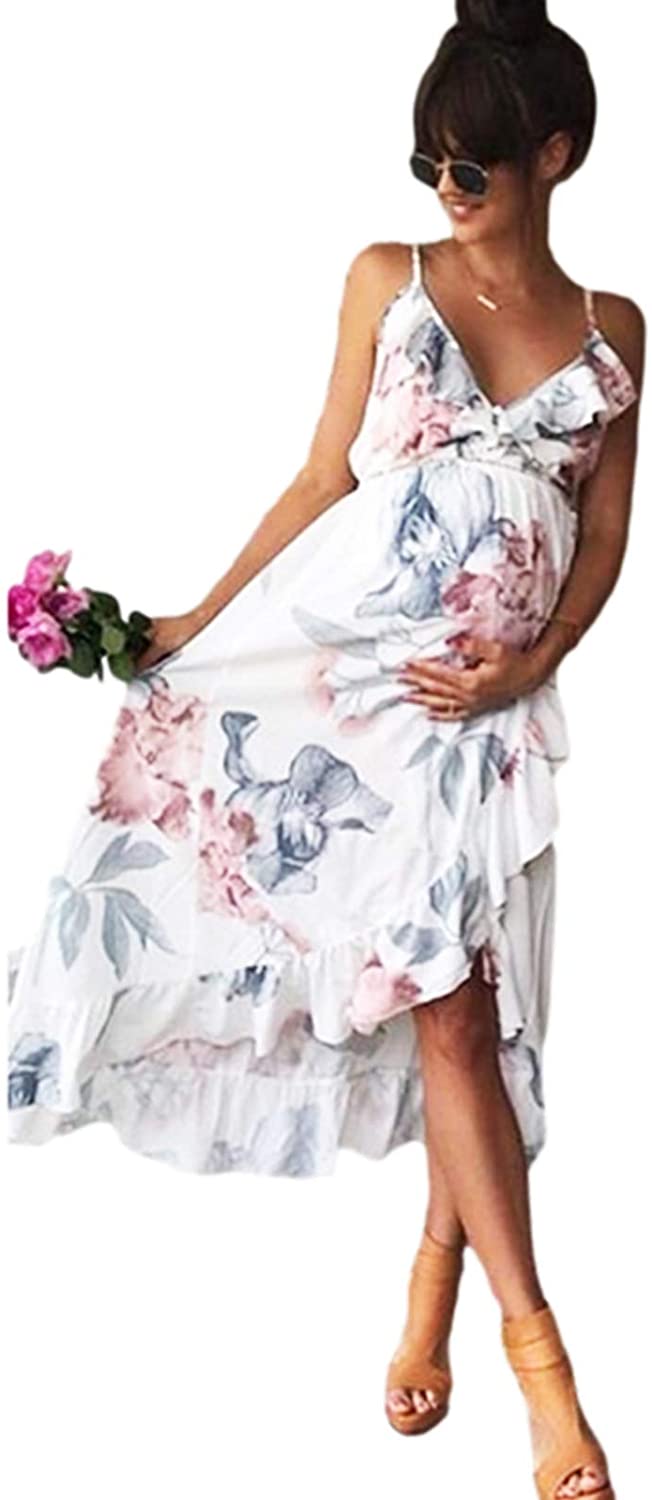 Seindeal Women's Floral Print V Neck Maternity Ruffle Cami Dress Pregnancy Dress Casual for Baby Shower or Photoshoot