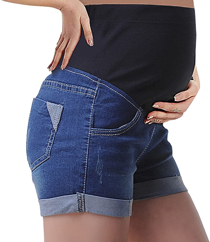 Women Plus Size Maternity Shorts Jean Over The Belly Stretch High Rise Comfy Blue Distressed Pregnancy Shorties Summer