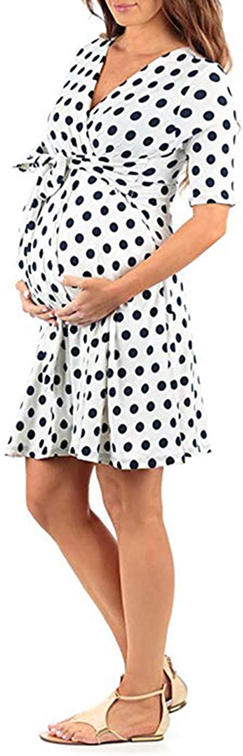 Women's Floral Maternity Wrap Dress Short Length V Neck with Waist Belt