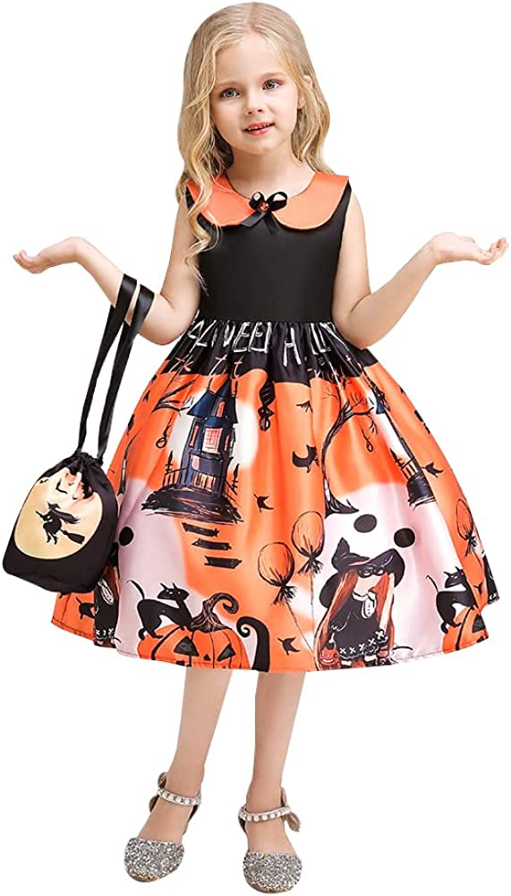 Seindeal Girls Fancy Pumpkin Devils Witch Printing Halloween Costume Festival Party Dress for 2-9 Years Toddler Girls