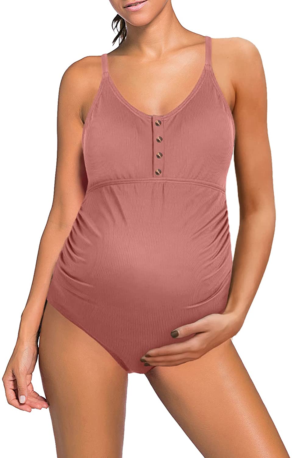 Summer Women Maternity Swimsuit One Piece Bathing Suit Button Neck Cross Back Swimwear